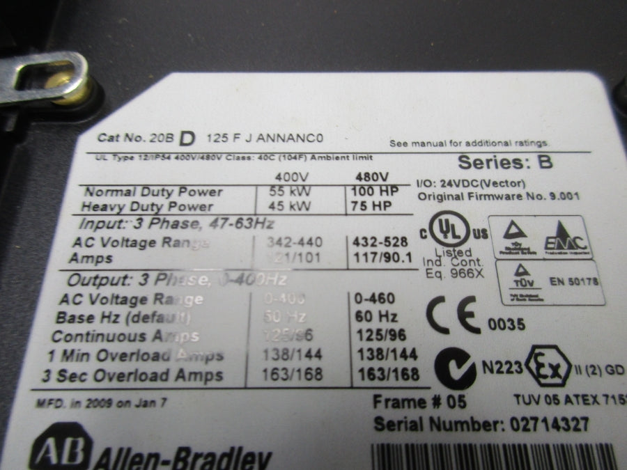 ALLEN BRADLEY 20BD125FJANNANC0 SER. B F/W 9.001 342-440VAC 121/101A REMAN