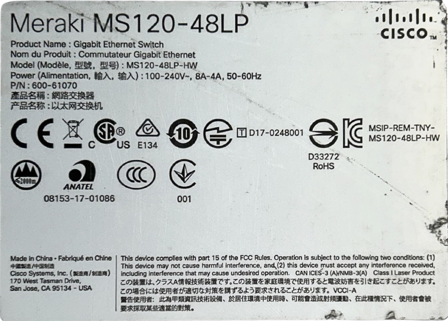 Cisco MS120-48LP-HW MS120-48LP 1G L2 Cld Managed 48x GigE 370W PoE Swi