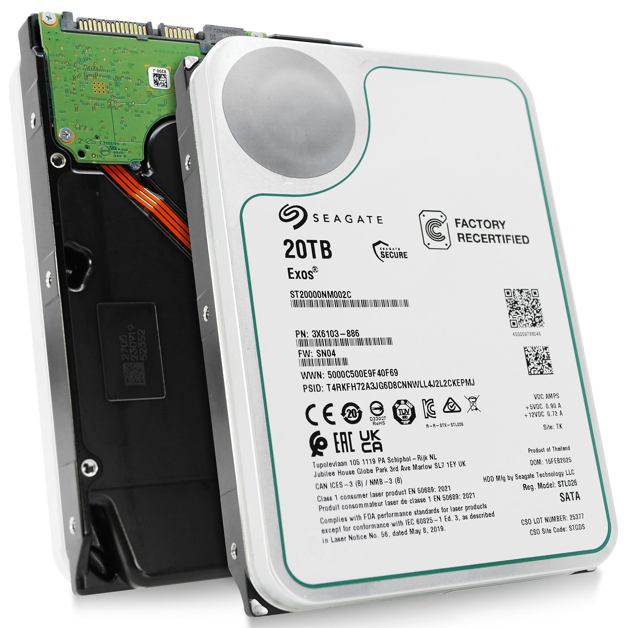 Seagate Exos ST20000NM002C 20TB 7.2K RPM SATA 6Gb/s 512e 3.5in Recertified Hard Drive
