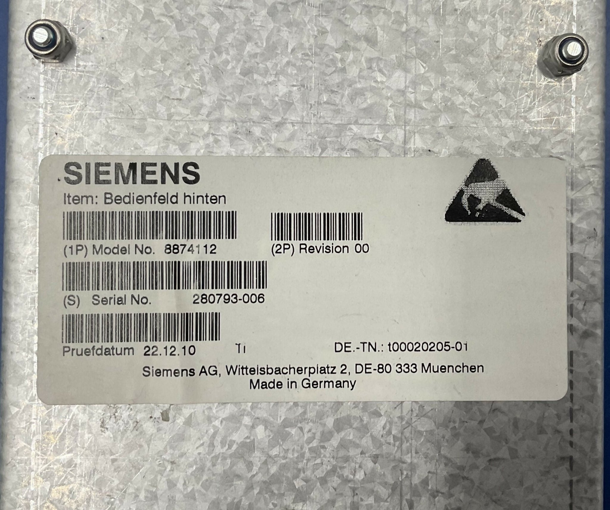 CONTROL PANEL BACK FACELIFT (08874112/8874112 SIEMENS