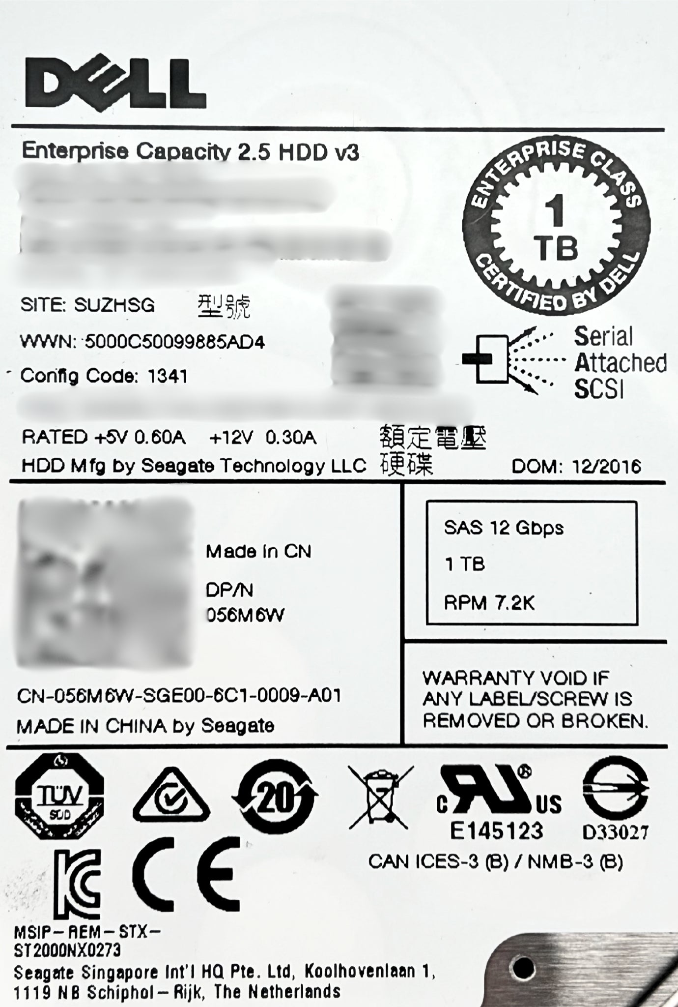 Dell 56M6W 1TB 7.2K SAS 2.5 inch 12G Hard Disk Drive