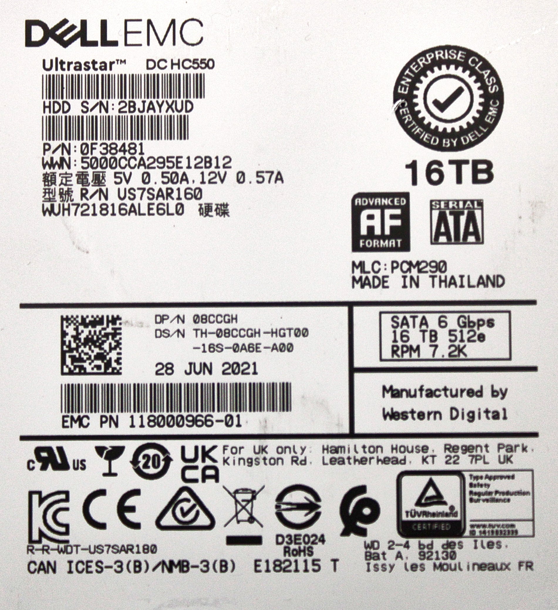 Dell 8CCGH 16TB 7.2K SATA 3.5 6G WUH721816AL6L0 / 0F38481