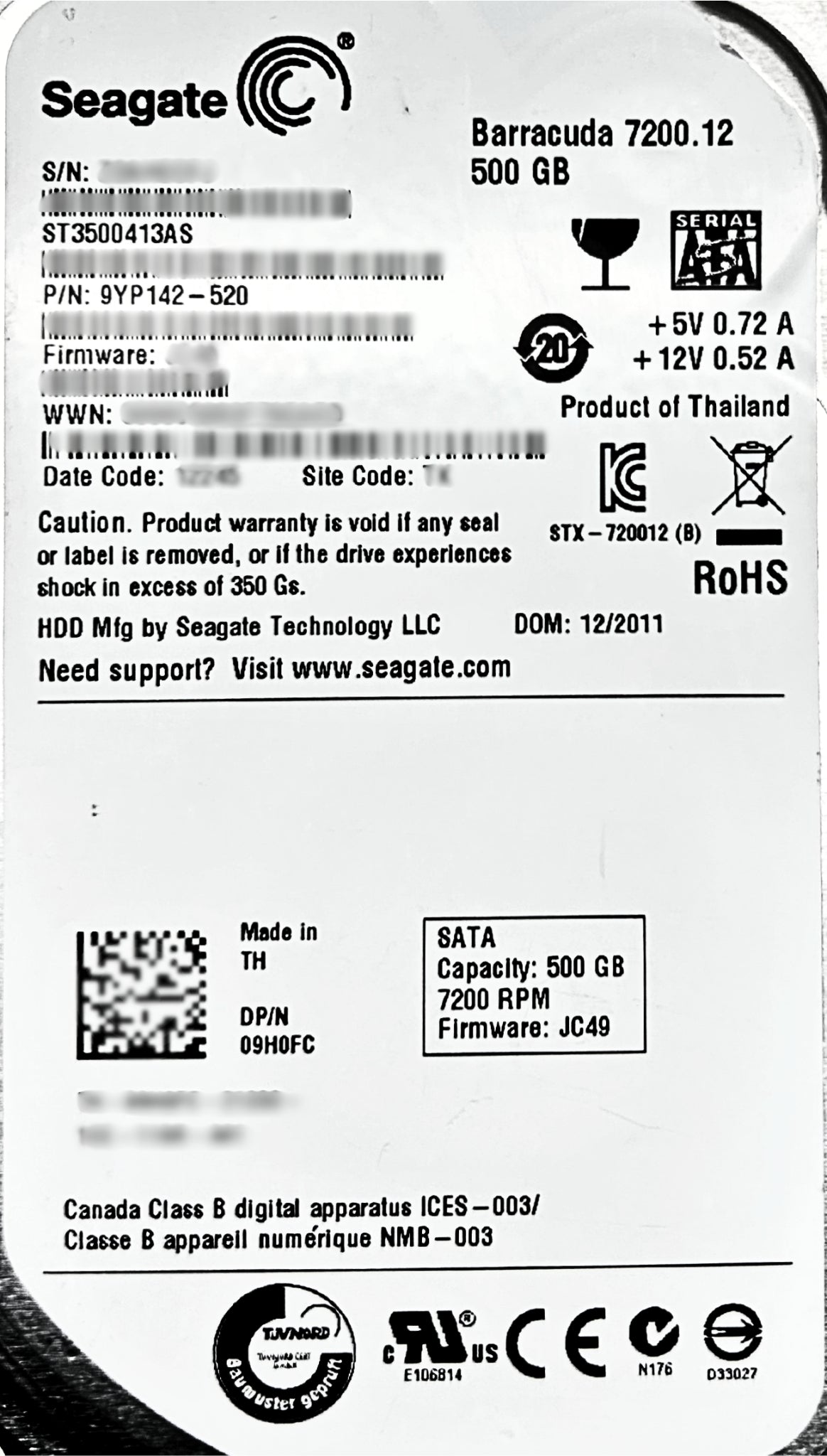 Dell 9H0FC 500GB 7.2K SATA 3.5 6G 16M SEGATE