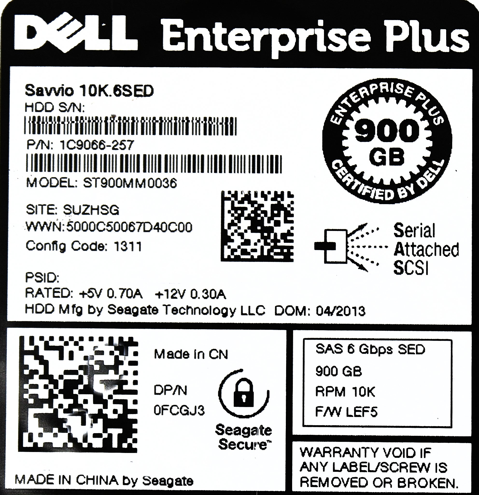 Dell FCGJ3 900GB 10K SAS 2.5 6G SED 1C9066-257