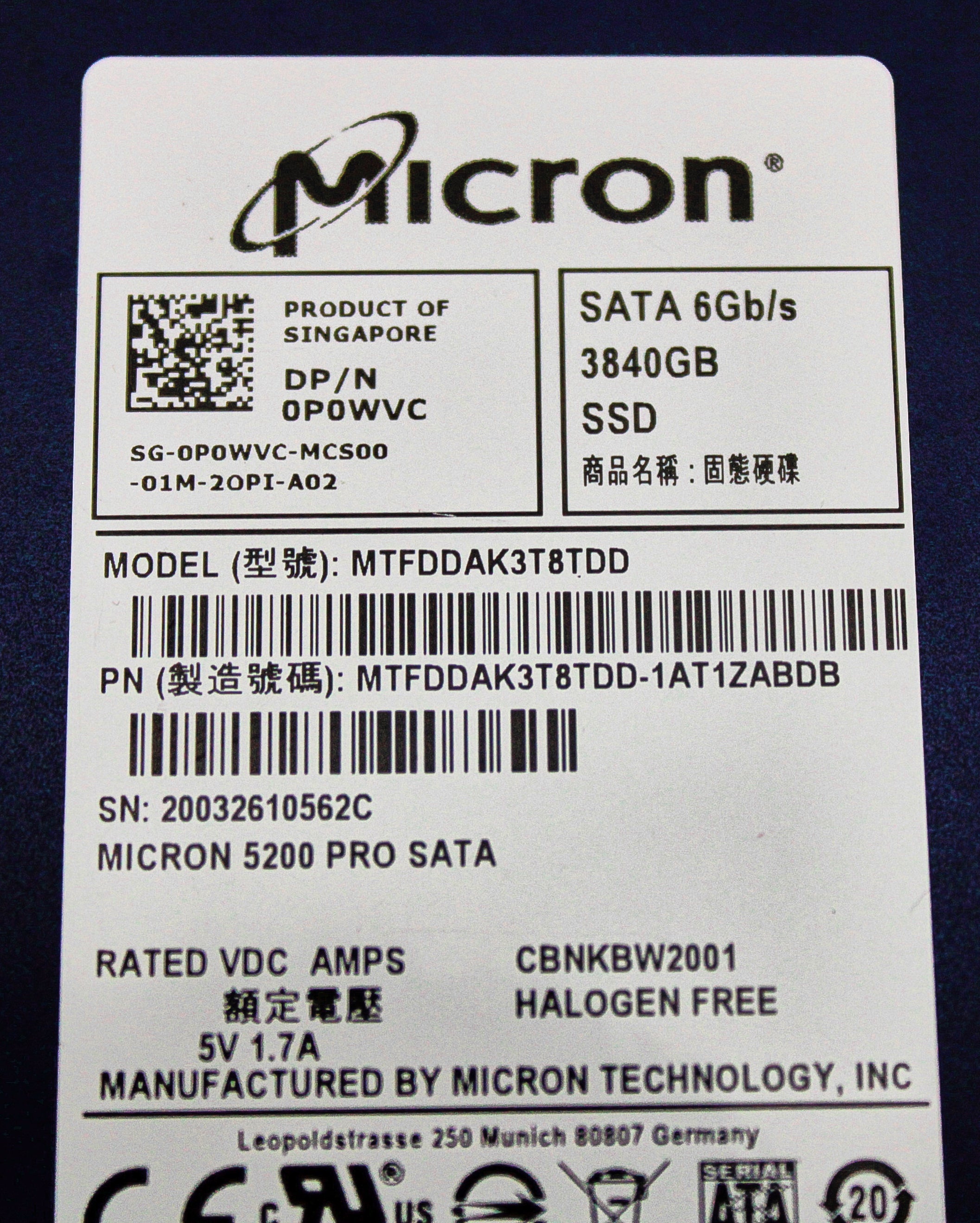 Dell P0WVC 3.84TB SSD SATA 2.5 6G MTFDDAK3T8TDD / MTFDDAK3T8TDD-1AT1ZA
