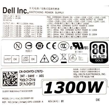 Dell T7600 T7610 workstation 1300w D1300EF-00 DPS-1300DB a 0H3HY3 H3HY3
