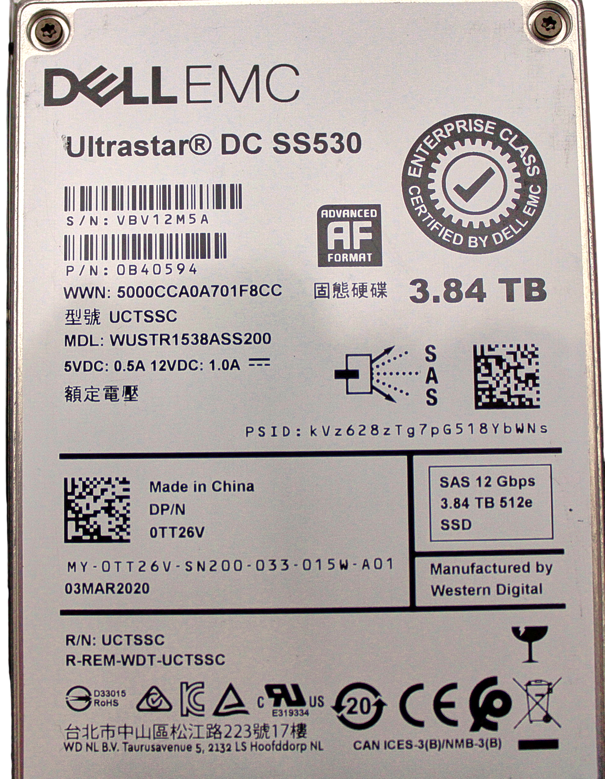 Dell TT26V-CML 3.84TB SSD SAS 2.5 12G RI WUSTR1538ASS200 SS530 CML