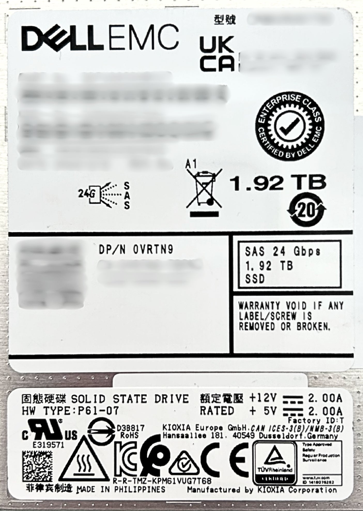 Dell VRTN9 1.92TB SSD SAS 2.5 24G RI PM6-R KPM6XRUG1T92 ME4/5