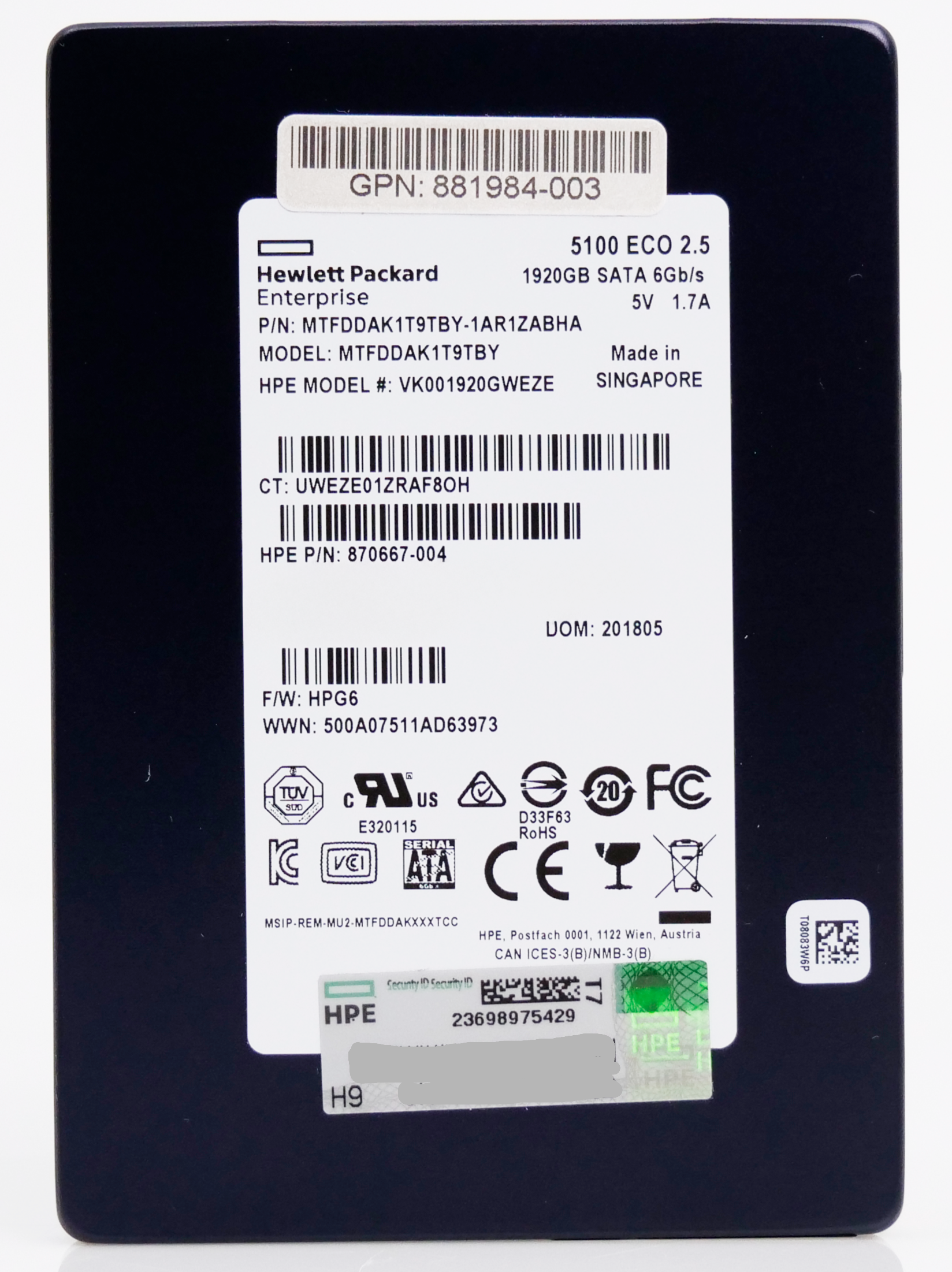 HP VK001920GWEZE 1.92TB SATA 6Gb/s 3D TLC 2.5in Solid State Drive