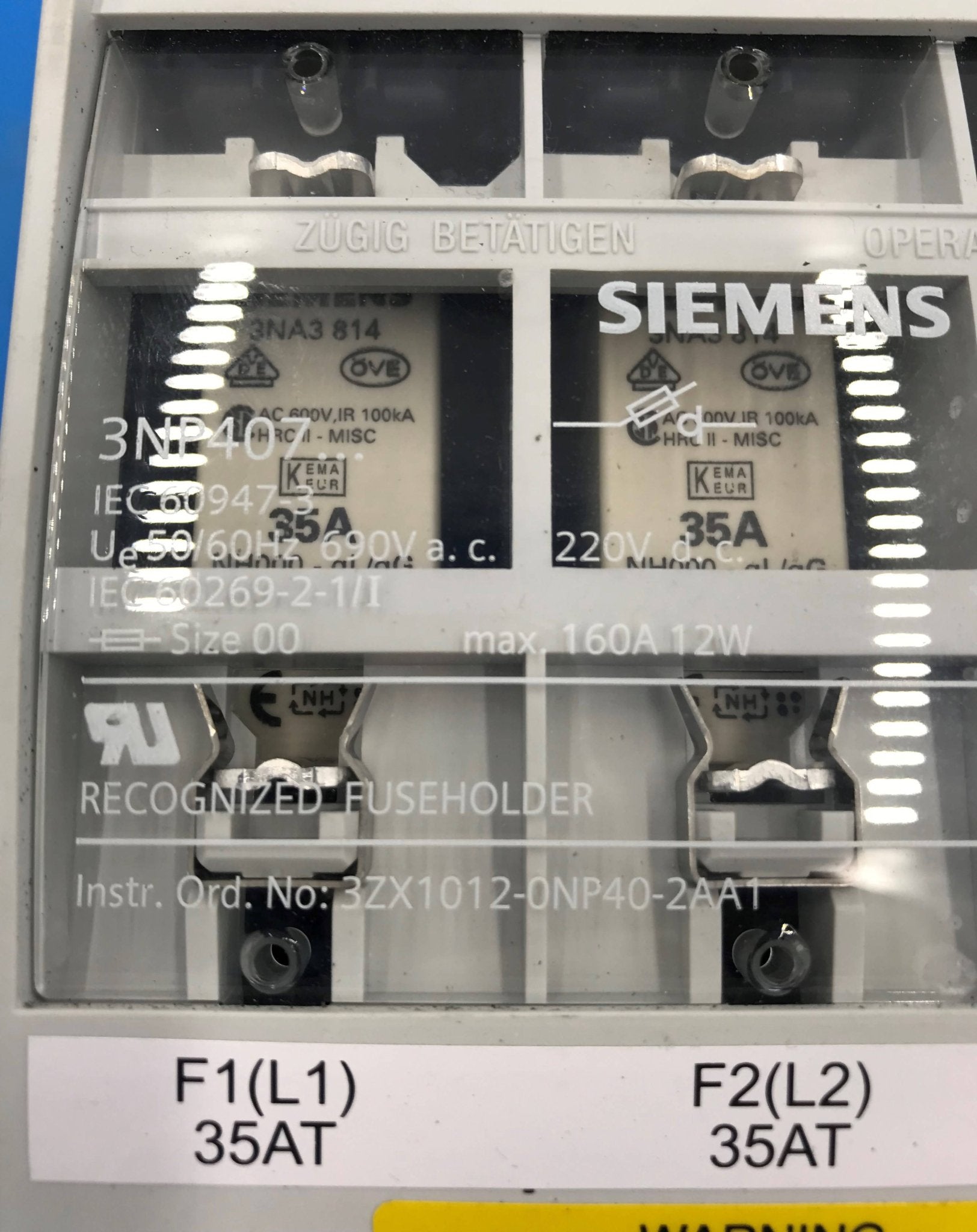 Fuse Holder W/ Fuses (3X1012-0NP40-2AA1/3NA3 814 x3) Siemens