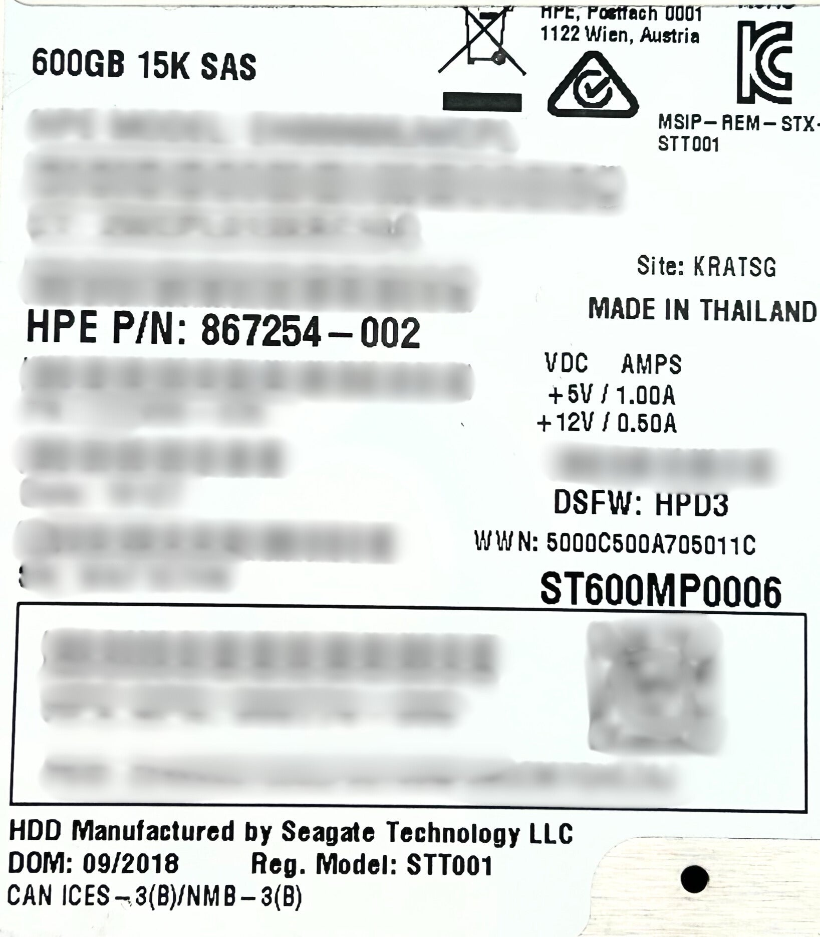 HP 867254-002 600GB 12G SAS 15K SFF SC HDD