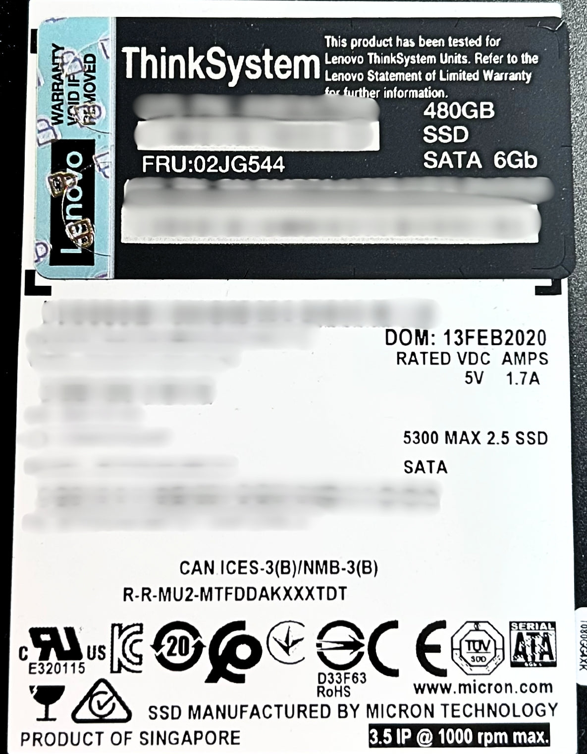 IBM 02JG544 2.5 inch 5300 480GB Mainstream SATA 6Gb Hot Swap SSD