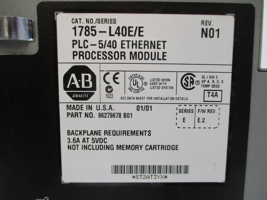 ALLEN BRADLEY 1785-L40E SER. E F/W E.2 5VDC 3.6A REV. N01 (NO KEY) UNMP