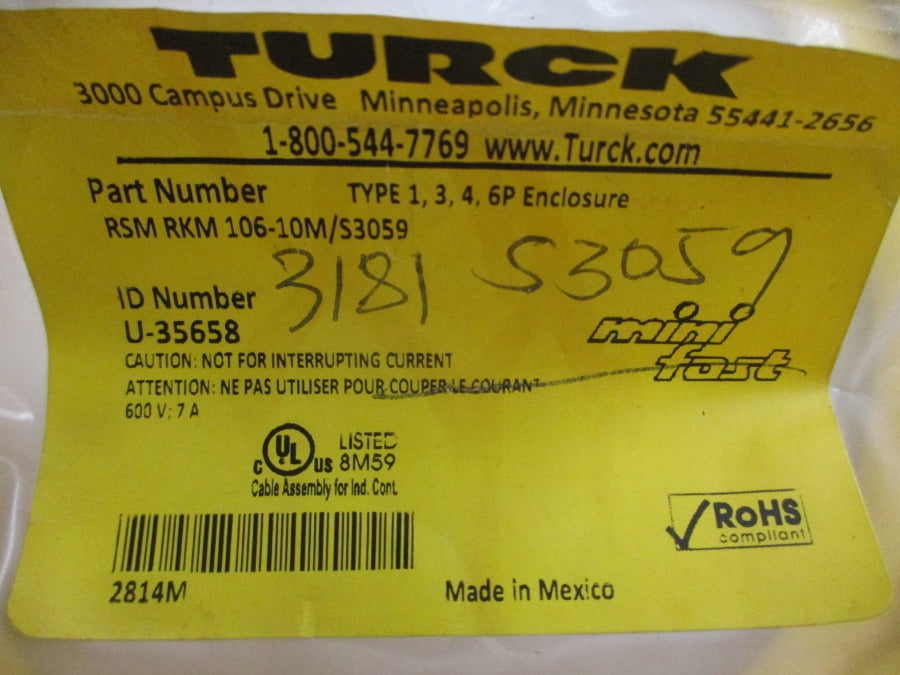 TURCK RSMRKM106-10M/S3059 U-35658 600V 7A NSMP
