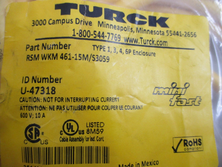 TURCK RSMWKM461-15M/S3059 U-47318 600V 10A NSMP
