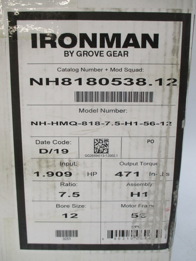 GROVE GEAR NH-HMQ-818-7.5-H1-56-12 NH8180538.12 NSMP