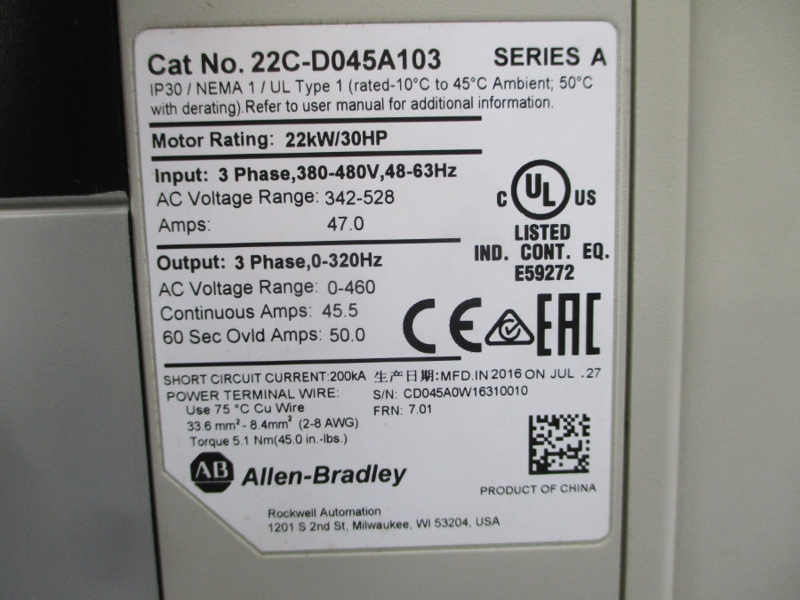 ALLEN BRADLEY 22C-D045A103 SER. A F/W 7.01 342-528VAC 47.0A NSMP