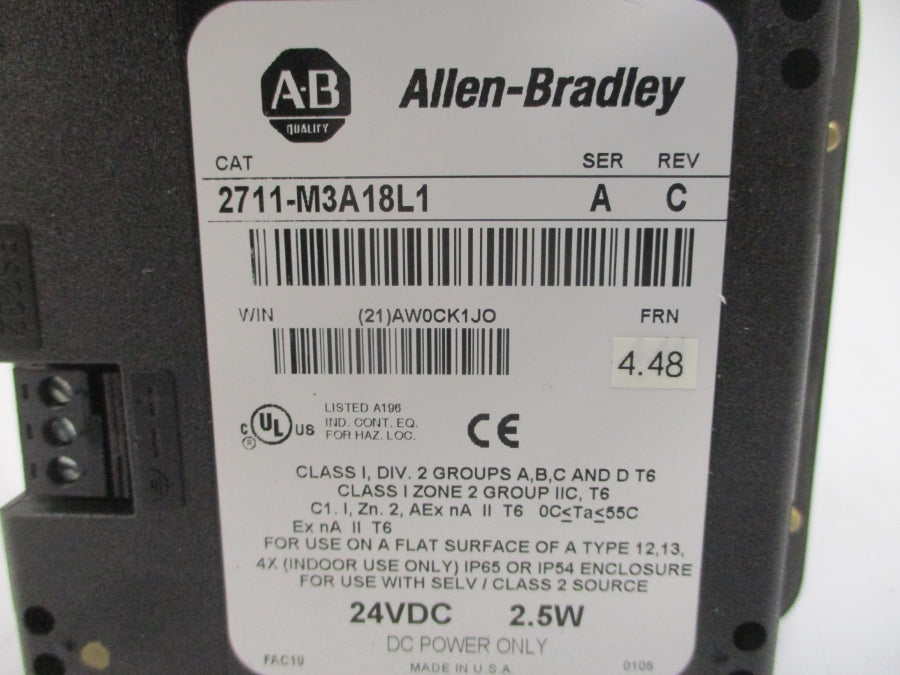 ALLEN BRADLEY 2711-M3A18L1 SER. A F/W 4.48 24VDC REV. C REMAN