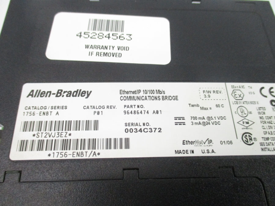 ALLEN BRADLEY 1756-ENBT SER. A F/W 3.9 24VDC REV. P01 (NO DOOR) NSNP
