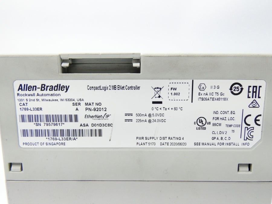 ALLEN BRADLEY 1769-L33ER SER. A F/W 1.002 24VDC UNMP