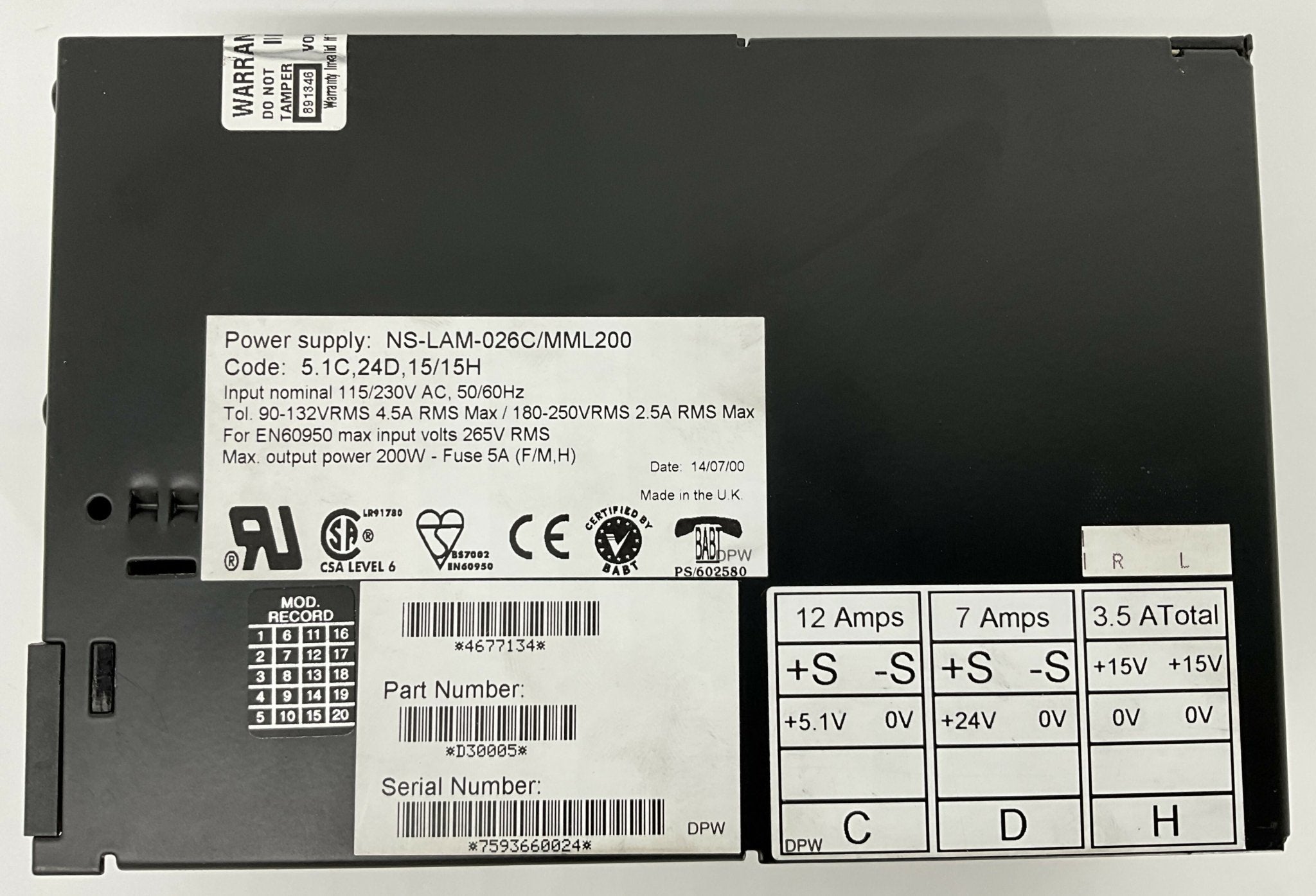 POWER SUPPLY (4677134/NS-LAM-026C/MML200/D30005 SIEMENS/OMEGA