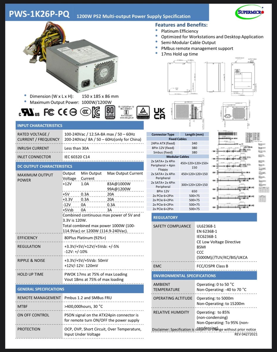 Power Supply Supermicro PWS-1K26P-PQ Server 1000W - NO BOX