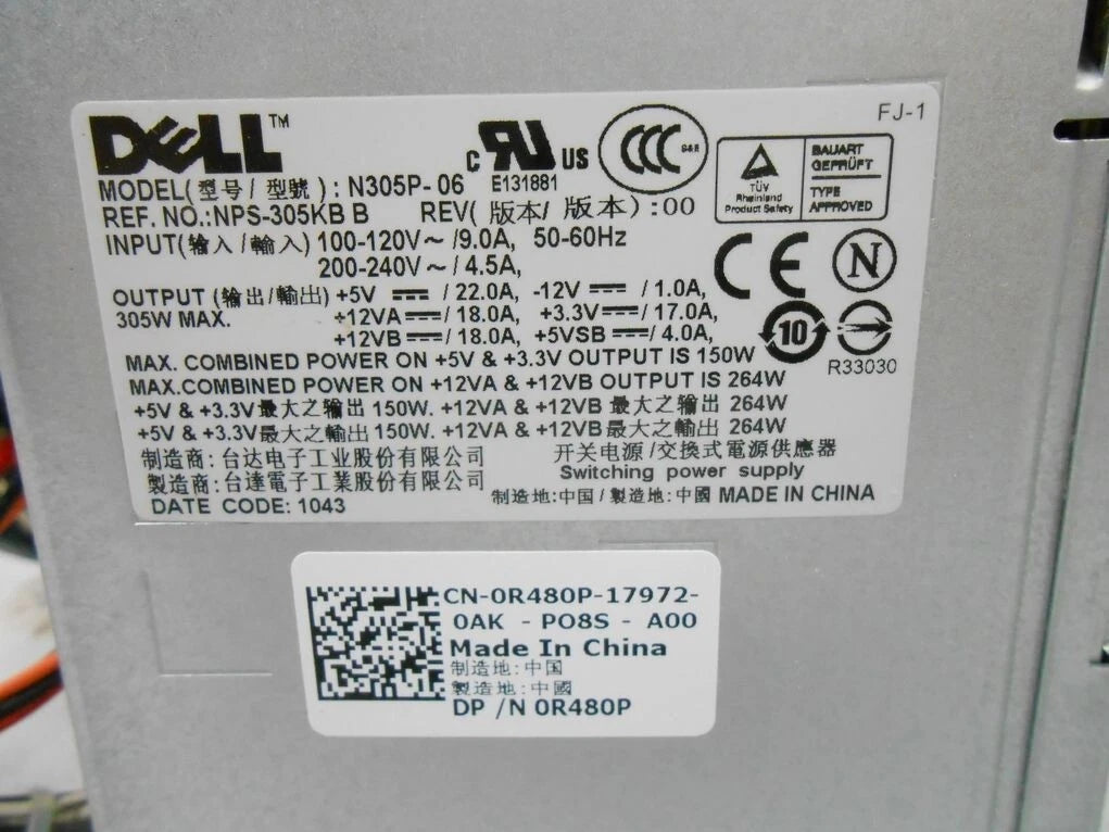 Dell R480P 305W Power Supply N305P-06 NPS-305KB PowerEdge T110 Optiplex 745 755|324267765180