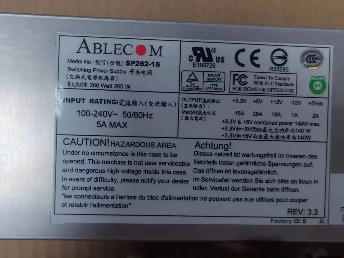 SUPERMICRO ABLECOM SP262-1S 260W 1U MULTI-OUTPUT SWITCHING POWER SUPPLY PWS-0055