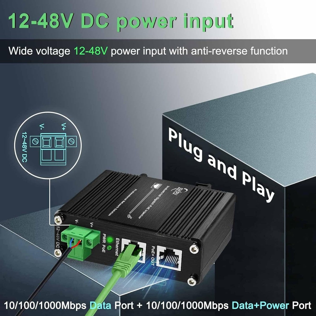Industrial 60W PoE Injector Gigabit IEEE802.3at 48V DC 12-48V DIN Rail Mount