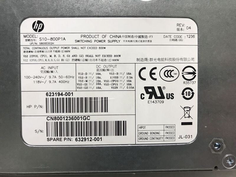 HP Z620 power supply  717019-001 623194-002 S10-800P1A 800W|175494707034