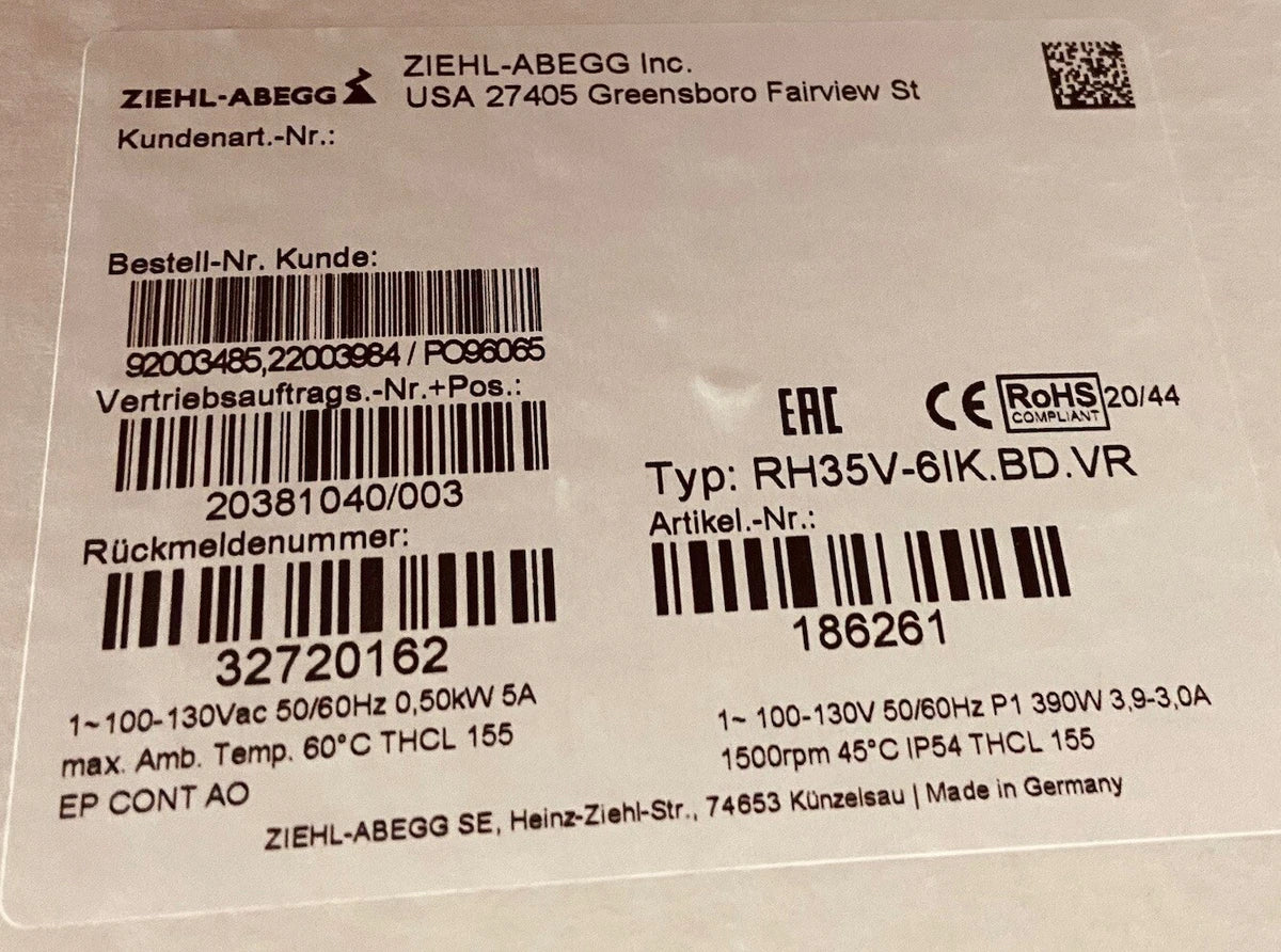 Ziehl-Abegg RH35V-6IK.BD.VR 110 V AC Centrifugal Fan 2500 CFM, Germany|256622247238