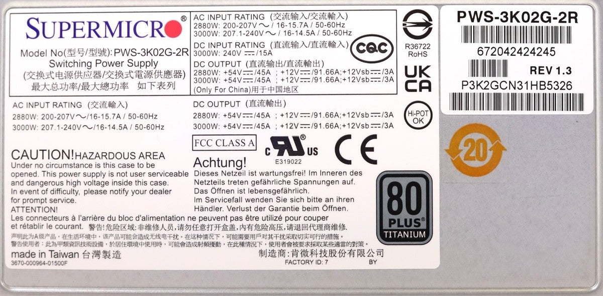 Supermicro 3000W 80-Plus Titanium Redundant Power Supply P/N: PWS-3K02G-2R