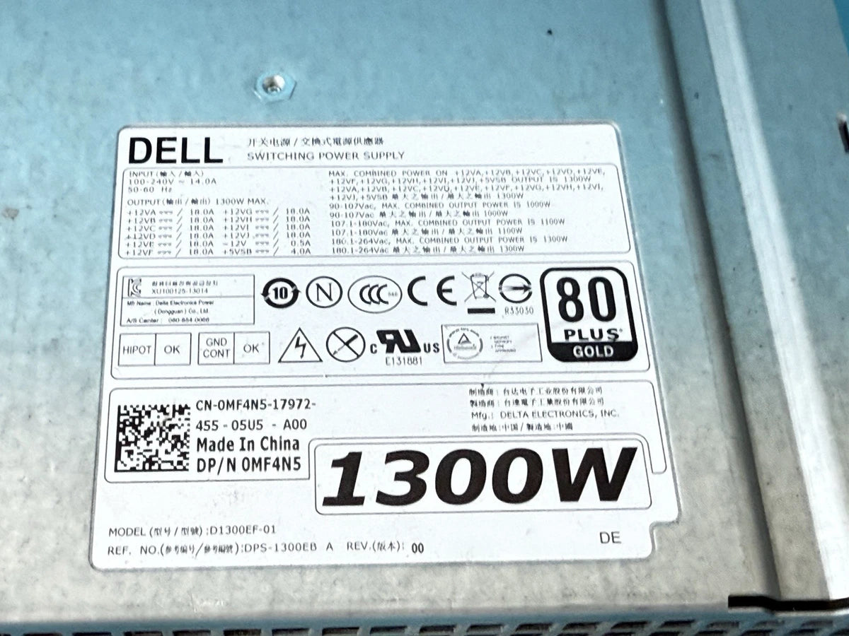 Dell 1300W Server Power Supply DPS-1300EB A D1300EF-01 0MF4N5 80+ Gold Hot-Swap