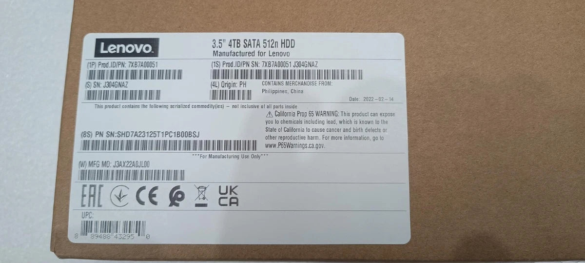 NEW RETAIL 7XB7A00051 ThinkSystem 3.5" 4TB 7.2K SATA 6Gb Hot Swap 512n HDD