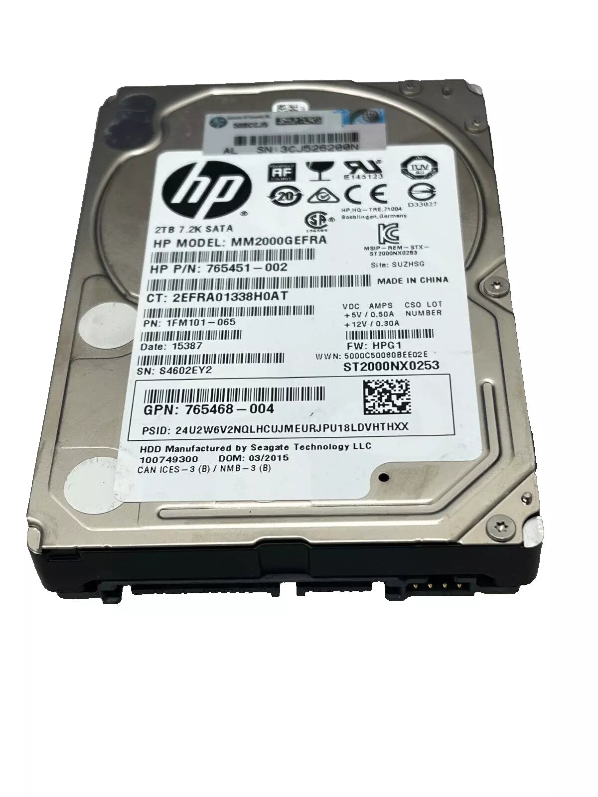 HDD HP 2 TB SATA 2,5" 6G, 7,2K UNIDADE 765468-004 MM2000GEFRA 765451-002