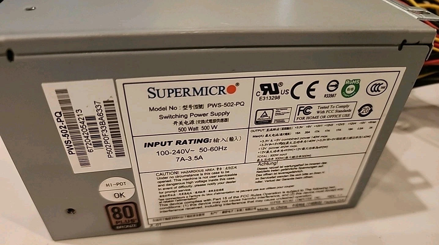 ✅Supermicro PWS-502-PQ - 80 Plus Bronze 500W multi-output PS2/ATX Power Supply