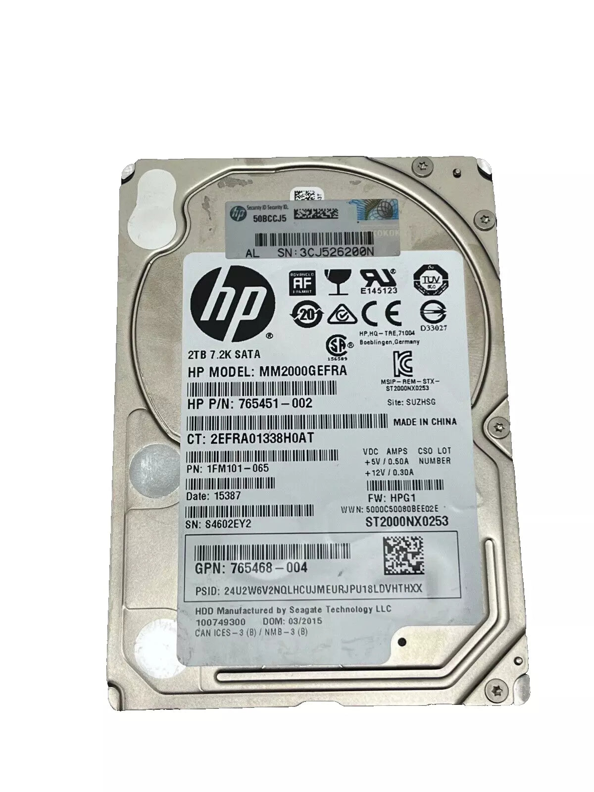 HDD HP 2 TB SATA 2,5" 6G, 7,2K UNIDADE 765468-004 MM2000GEFRA 765451-002
