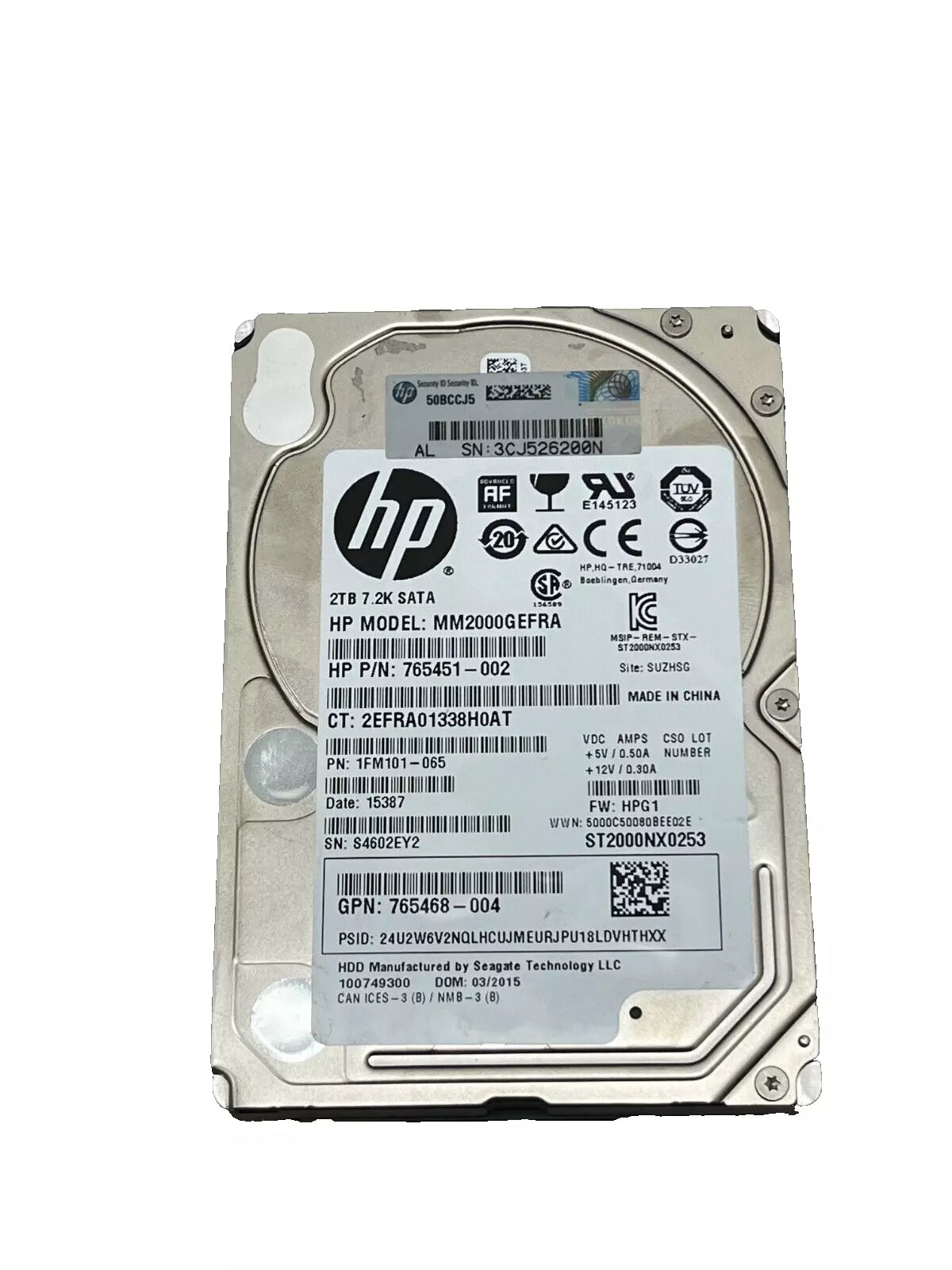 HDD HP 2 TB SATA 2,5" 6G, 7,2K UNIDADE 765468-004 MM2000GEFRA 765451-002