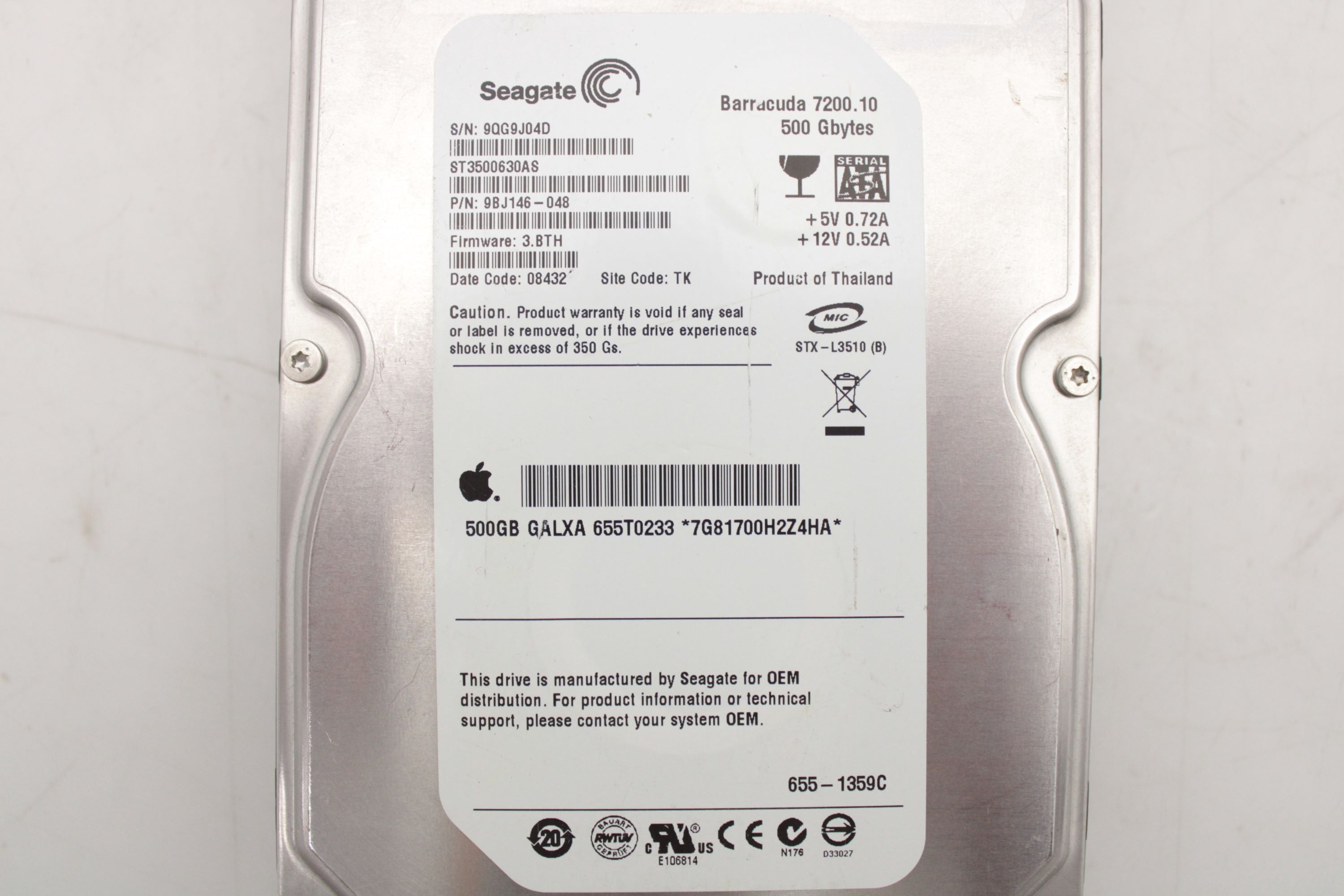 Sun Microsystems ST3500630AS 500GB 7.2K SATA 3.5 3G 16MB