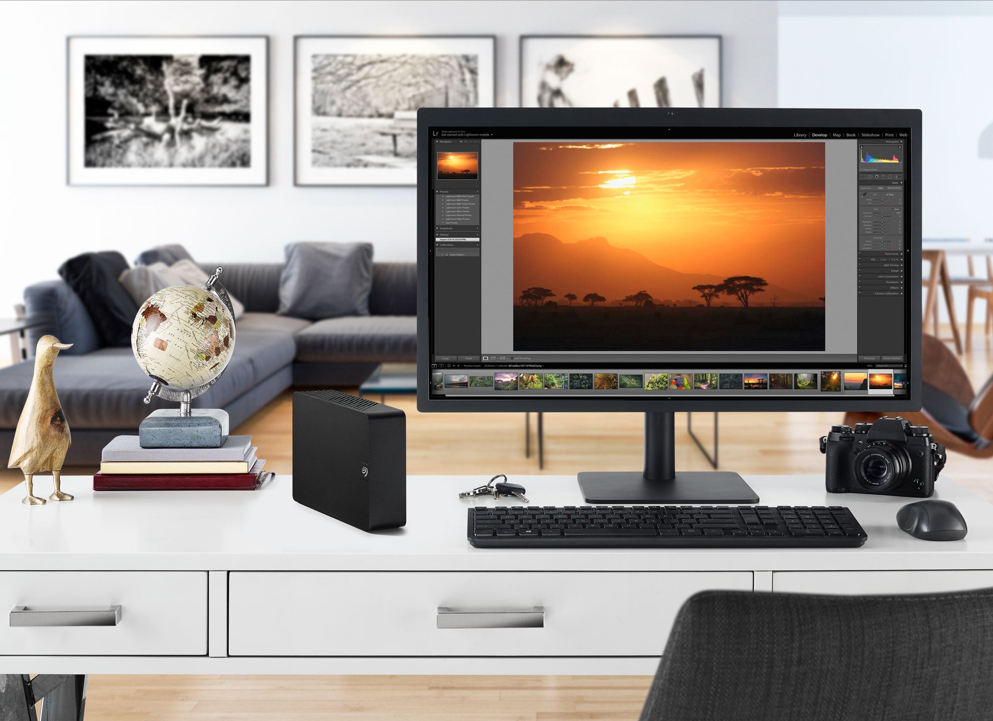 Home office desk faces a couch and features desktop computer screen, keyboard, mouse, globe, camera, and Seagate expansion drive.