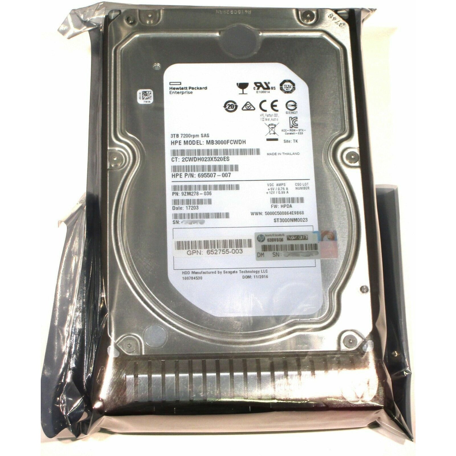 653959-001 HP 3TB 6G 7.2K RPM SAS LFF SC Mid Line HDD 652766-B21 - AloinfoUSA