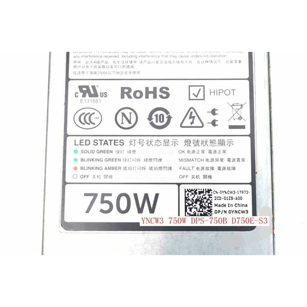 DELL YNCW3 750W DPS-750B D750E-S3 Server DC Power Supply 750W #XH 819954855686 - AloinfoUSA