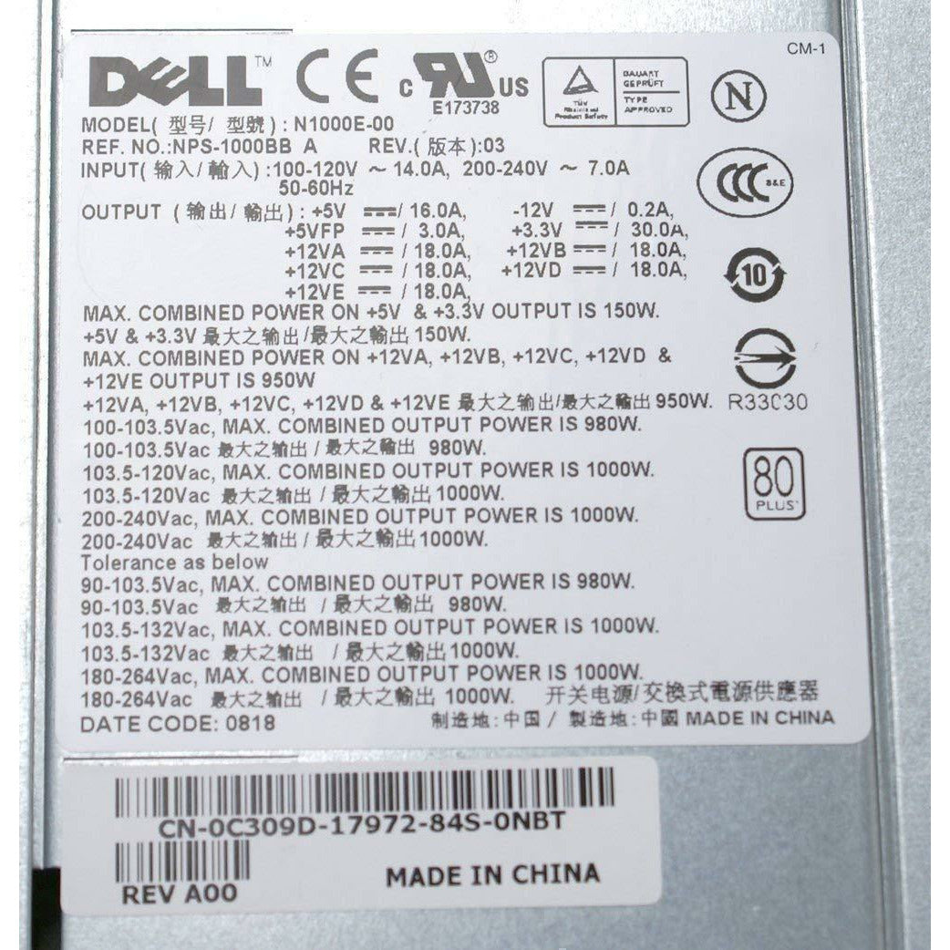Genuine Dell 1000w 1KW H1000E JW124 C309D Power Supply Unit PSU Brick With Harness For Precision T7400 Systems Compatible Part Numbers: C309D, JW123, JW124 Compatible Model Numbers: NPS-100BBA, HP-1K0HC3w, H1000E, N1000E-00 - AloinfoUSA