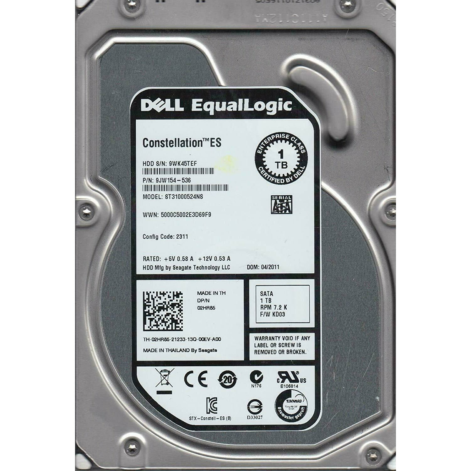 ST31000524NS, 9WK, KRATSG, PN 9JW154-536, FW KD03, Dell 1TB SATA 3.5 Hard Drive 763649027080 - AloinfoUSA