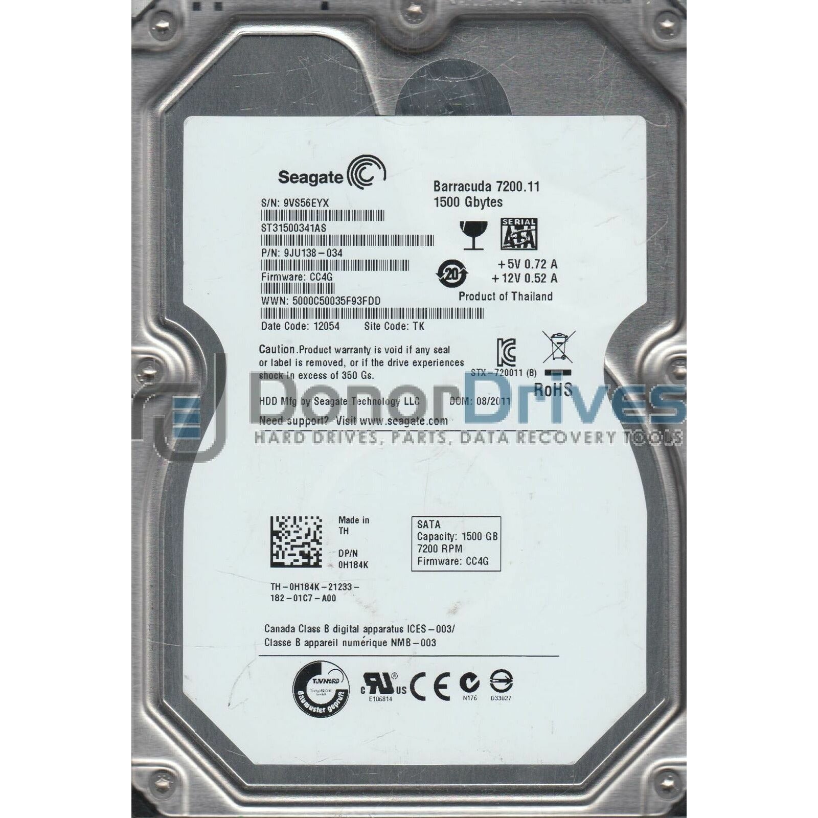ST31500341AS, 9VS, TK, PN 9JU138-034, FW CC4G, Seagate 1.5TB SATA 3.5 Hard Drive - AloinfoUSA